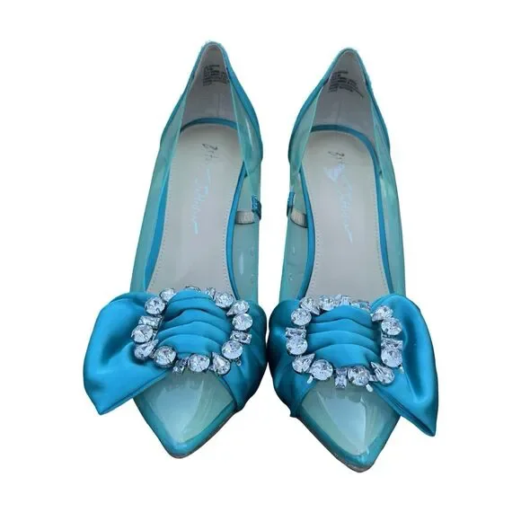 Betsey Johnson Teal Blue Rhinestone Bow wedding pointed toe heel Maise Pump 9.5 - Picture 6 of 11